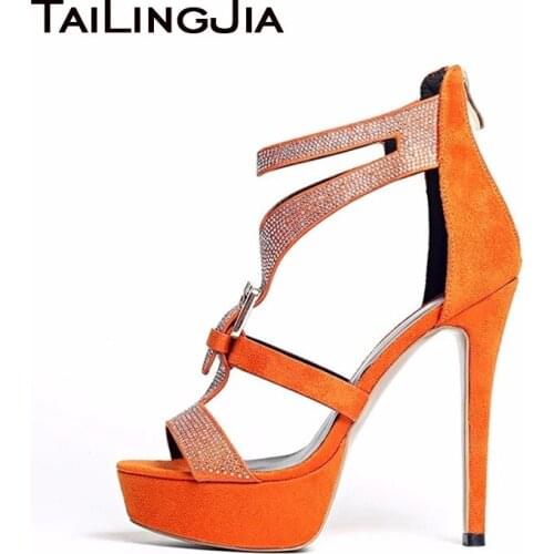 Rhinestone Party High Heels Women Platform Sandals Ladies Elegant Stiletto Heel Crystal Shoe Faux Suede Large Size Sandal 2020