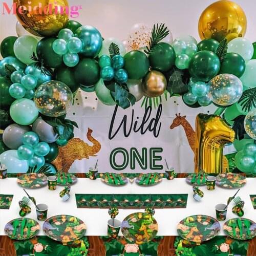 Wild One Birthday Party Decorations Green Balloons Disposable Party Tableware Jungle Safari Forest Party Supplies Baby Shower