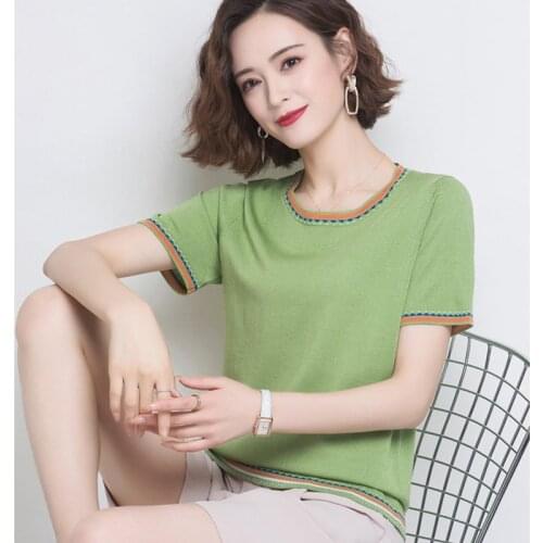 Summer Short Sleeve O-Neck Knitted Shirt Fashion Short Sleeve Female Knitting Pull Jumper Ladies Thin Tops Femme Pullover
