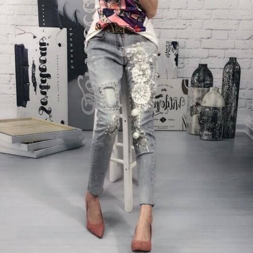 New Occident beading Women Hole Denim Jeans Boyfriend Pencil Pants Embroidery Nail Flowers Embroidered Flares Feamle Harem pants
