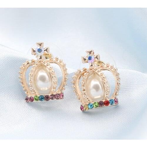 Wholesale Earrings Gold Colorful Rhinestone Cross Crown Pearl Imitation crystal Retro Stud Earrings For Women Gift Neoglory