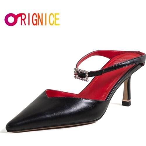 Orignice Brand Designer Women Mules Pumps Thin Kitten Heel Slip On Fashion Diamond Crystal Slides Pointed Toe Summer Party Shoes