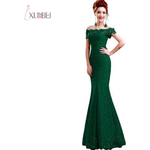 2019 Green Mermaid Lace Long Prom Dresses Off The Shoulder Beading Prom Gown vestidos de gala