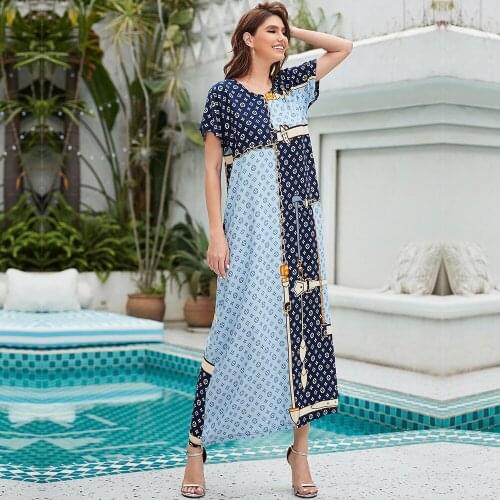Summer Dress African Dubai Muslim Women Elegant Maxi Dress Abayas Arab Short Sleeve Print O Neck Long Dress Femme Robe Vestidos