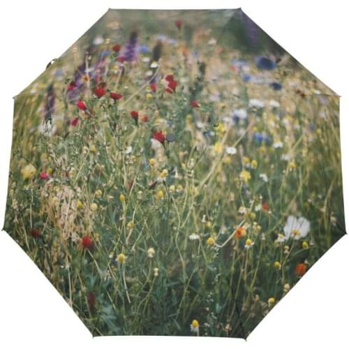 Flower Printed Automatic Umbrella Three Folding Windproof Rainproof Women Umbrellas Sunny/ Rainy Anti-UV Parasol for Men