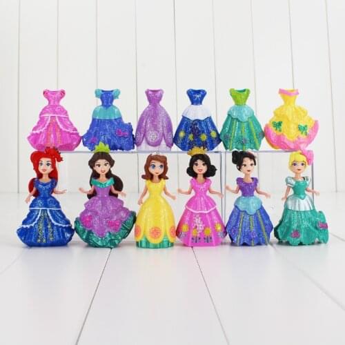 12pcs/lot Princess Figure Toy Changeable Dress Mermaid Belle Snow White with Clothes Sleeping Beauty Model Dolls