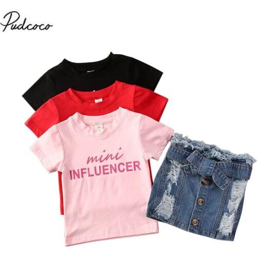 2Pcs Kids Baby Girl Outfit Set Letter Print Short Sleeve T-Shirt +Ripped Denim Button Skirt Set 1-6T
