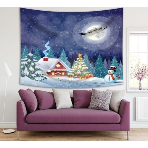 Tapestry Christmas Tree Snowman House Forest Night Landscape Full Moon Santa Claus Flying on A Sleigh Blue Red Green White
