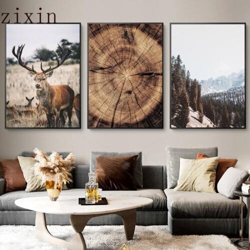 Mountain Landscape Animal Deer Picture Nature Wood Growth Ring Scandinavian Poster Home Decor Nordic Wall Art Canvas Painting