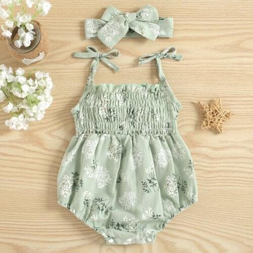 Infant Newborn Baby Girl Floral Print Lace-Up Suspender Romper Sweet Printing Ruffles Stitching Jumpsuits+Headband Summer New