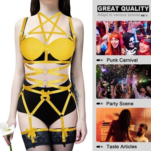 Pentagram Full Body Erotic Sexy Lingerie Set Festival Rave Costume Bra Cup Elastic Bondage Harness For Women Suspender Belt