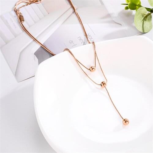 Round Snake Bone Double Necklace Bean Tassel Pendant Golden 316L Titanium Steel Titanium Steel Color Preservation Metal Women