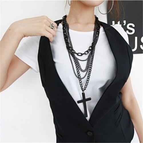 Hip Hop Multi-layer Large Black Cross Chain Metal Long Necklace Pendant Womens Party Gift