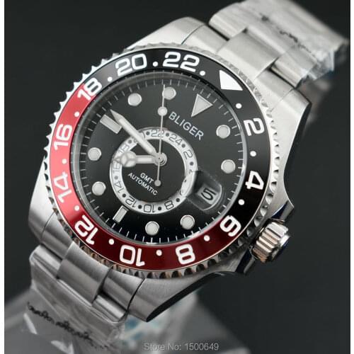BLIGER 43mm new function Ceramic Rotate Bezel black dial with beads date automatic mens steel strap Wrist mens watches