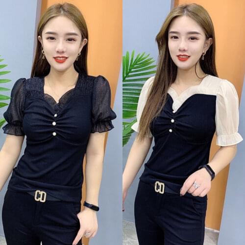 2021 Summer New V-neck Lace Stitching Fashion All-Match Bottoming Shirt Womens Slim-Fit Half-Length Sleeve T-shirt Tops