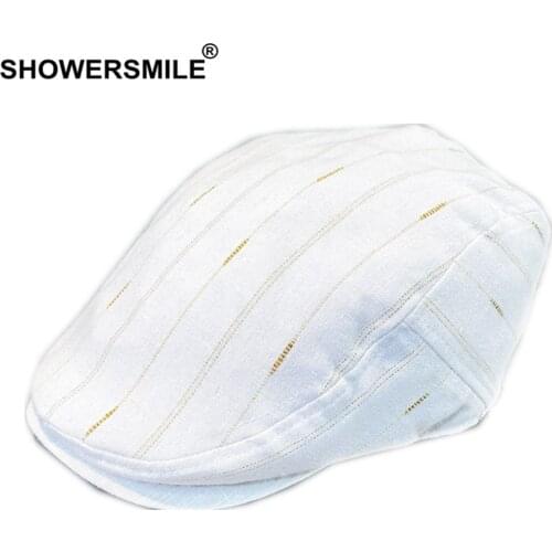 SHOWERSMILE White Linen Flat Hats Spring Summer Mens Beret Ivy Cap Striped Duckbill British Style Vintage Gatsby Newsboy Hat