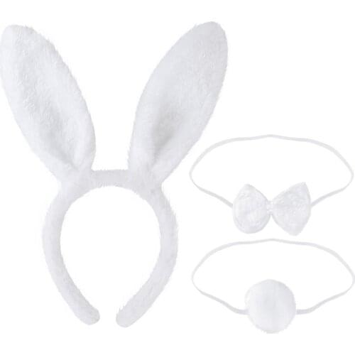 TINKSKY 3Pcs Kids Adult Rabbit Bunny Ears Headband Bow Ties Tail Set Party Cosplay Costume (White)