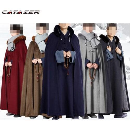 Unisex Winter Warm Buddhist Shaolin Monks Cape Zen Lay Meditation Cloak Kung Fu Suits Robe Buddha Prayer Coat Blue/green/red