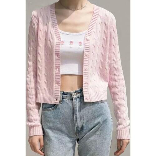 Europe Fashion Winter Autumn Women V Neck Comfy Cable Knit Cardigan Button Up Closure Sweater Tops LKEA