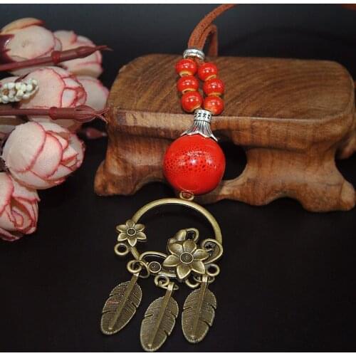 Vintage Long Pendant Necklace For Women Ceramic Bead Strand Necklaces Flower Circle Charm Choker Sweater Chain Ethnic Jewelry