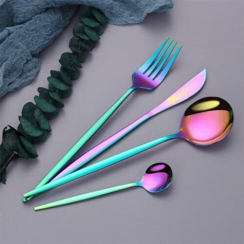 Mirror Rainbow Stainless Steel Cutlery Set Dessert Fork Spoon Knife Silverware Set Tableware Steel Chopstick Complete Dinner Set