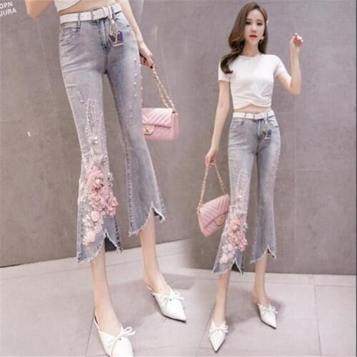 Hot Washed Mill White Denim Pants 2020 New Jeans Three-dimensional Flower Beaded Irregular Jeans Fashion Elegance Women Jeans