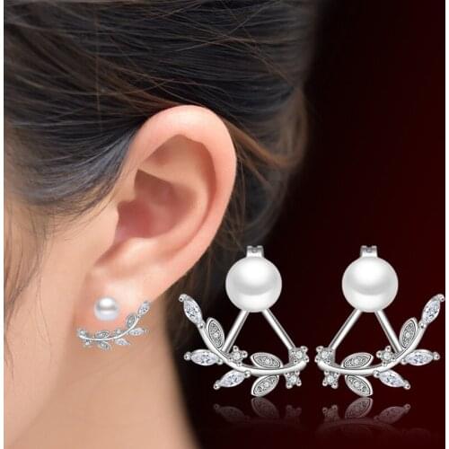 925 Sterling Silver Micro Cubic Zircon Leaves Pearl Stud Earrings brincos For Women