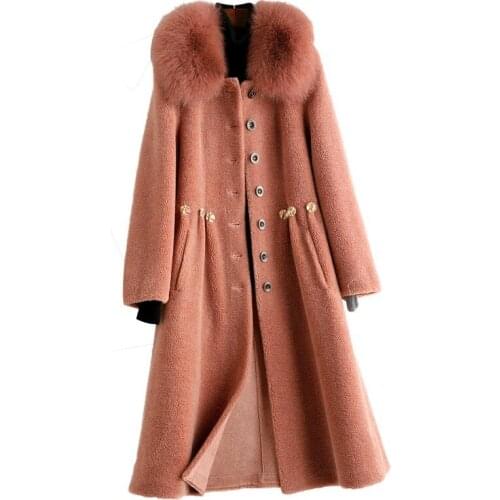 Wool Blend Fur Coat Fox Collar Winter Women Warm Outerwear Overcoat LF2148