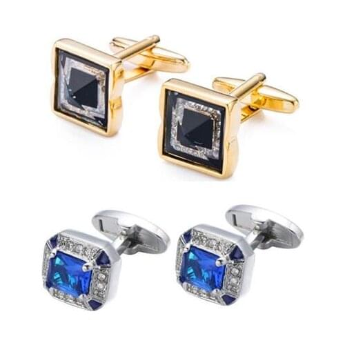 10pairs/lot Gold Silver Square Crystal Cufflink Blue Crystal Cuff Links Business Style Mens Jewelry Wholesale