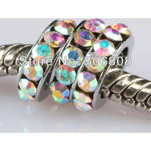 100pcs Charm Antique Silver color Crystal Rhinestone Large Hole Spacer Rondelle Bead, European Bracelet Beads Jewelry Findings