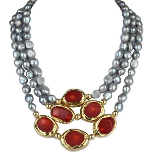 3 Rows Natural Freshwater Pearls Necklace Gray Pearls 9-10mm Red Coral Pendant Necklace Accessories For Women Gift Party Evening