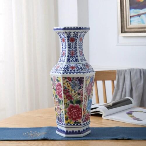 Antique Ceramic Vase Hexagonal Vase Blue and White Porcelain Jingdezhen Chinese style Living Room Flower Decoration Crafts