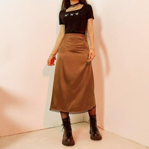 Satin Skirt Women A-Line Trendy Y2K Skirts Harajuku Knee-Length Casual High Waist Party Streetwear Bodycon E-girl Lace Skirts
