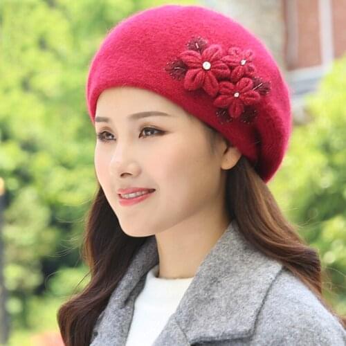 Beret Women Hat Winter Knit Beanie Angora Autumn Warm Flower Double Layers Skiing Thermal Outdoor Accessory For Lady