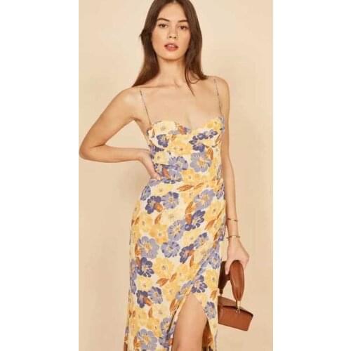 Boho Inspired smocked bodice midi summer dress straps high slit sexy women dress chiffon floral print chic ladies party dress