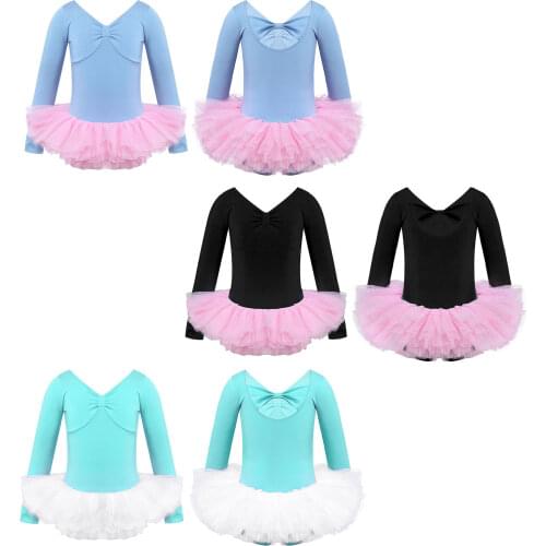 Children Cotton Gymnastics Leotard Ballet Dress Kids Long Sleeve Swan Dance Mesh Tutu Dance Wear Ballerina Clothes for Girls
