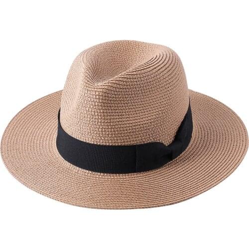 Womens hat summer bow sun hat sunshade flat brim jazz top hat mens beach big brim straw hat outdoor panama hat