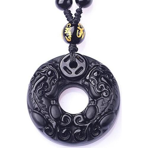 Drop Ship Obsidian Pixiu Necklace Pendant Circle Duble Pxiu Blessing Pendant Lucky Jade Pendant With Beads Chain Jade Jewelry