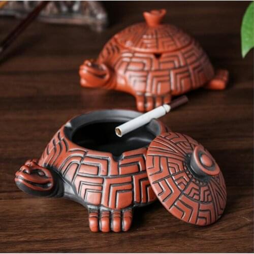 Personalized Retro Living Room Purple Sand Ashtray Practical with Lid Tea Set Decoration Longevity Turtle Ashtray Home Gift