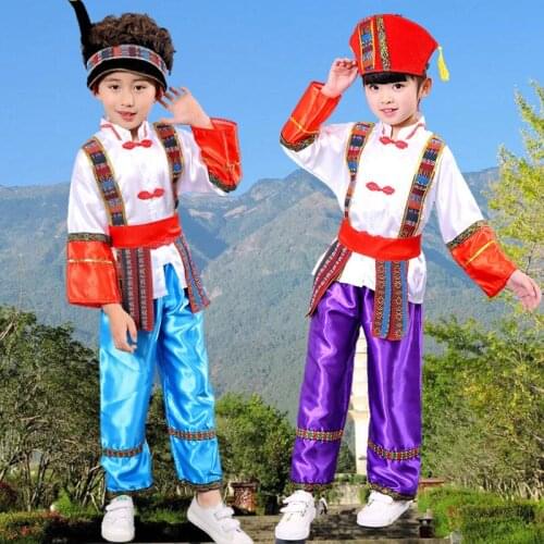 Chinese minority National Dress for Stage Costumes for Boys Girls Yi Hmong Korean Dance Clothing Kids Traditional Dance wear Out