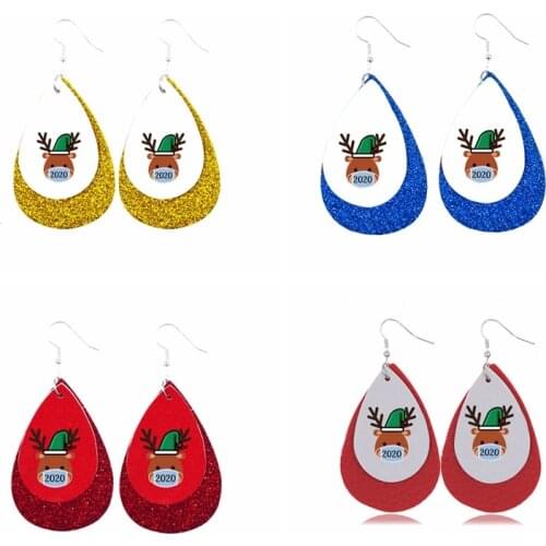 2020 Quarantined Christmas Reindeer Earrings Family Vintage Holiday Classic Layers Glitter Faux Leather Earrings