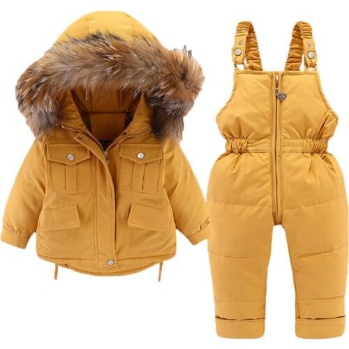 -30℃ Infant Snowsuit 0-4Year 2pcs Set Baby Girl Winter Down Jacket and Jumpsuit for Boy Children Thicken Warm Fur Collar Jacket