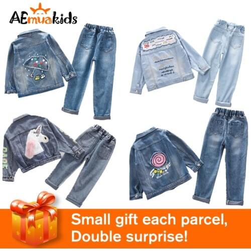 2021 Girls Cowboy Denim Jacket Coat + Denim Pants 2pcs Set Kids Clothing Toddler Girl Clothes Toddler Costume Fashion Outfit