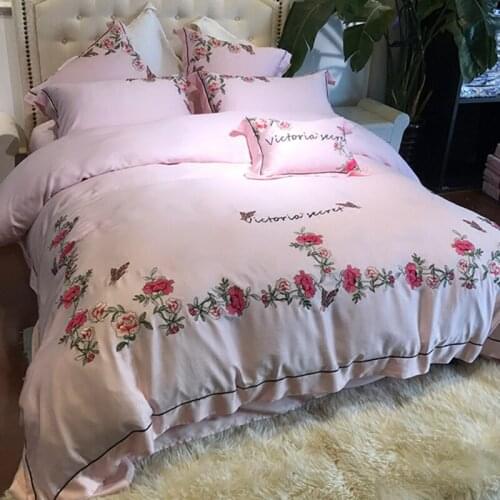 Nice flower luxury Embroidery Pink Royal Bedding set King Queen Egyptian Cotton Bed set Duvet cover bed sheet Pillowcases 4/6pcs