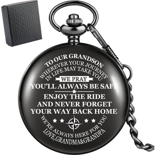 To Our Grandson Personalized Unique Text Quartz Pocket Watch Smooth Black Pendant Pocket Clock Antique Watches Gifts Kids