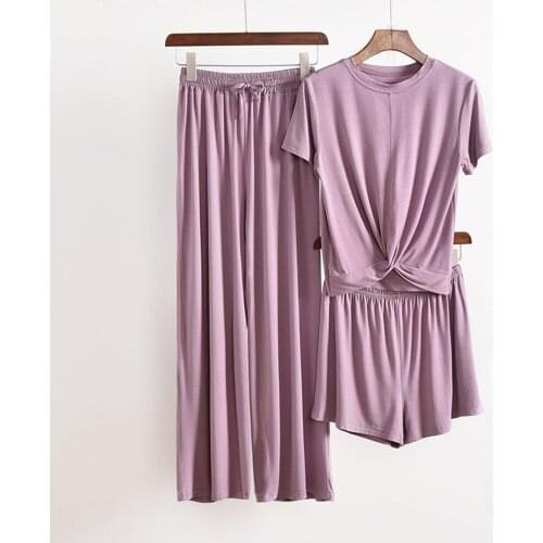 Sleeing Suit 3 Piece Set Short Sleeve Casual Soft Home Clothes For Women Loose Sleepwear Modal Pajamas Spring Ladies Homewear