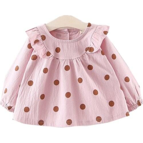 Girls'Baby dress Korean version Girls' Long Sleeve Waterwash Cotton Dot Lovely Childrens Long Sleeve dress Cross-border