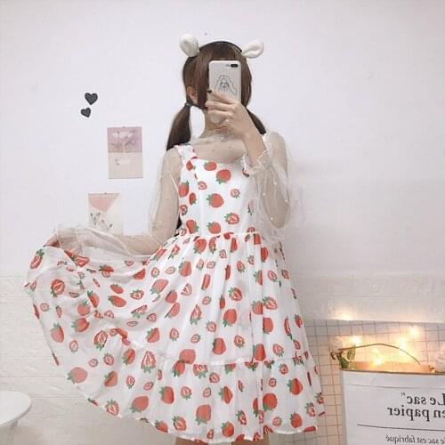 Japanese sweet lolita dress strawberry printing victorian dress+lotus leaf collar mesh top kawaii girl gothic lolita set loli