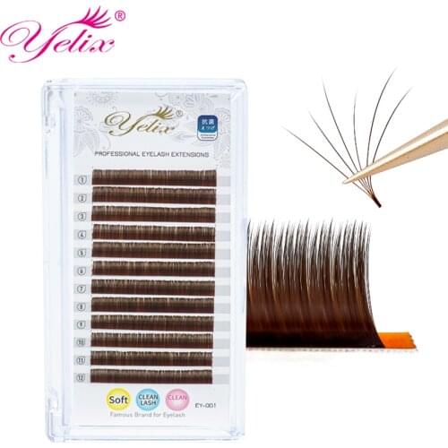 Yelix Dark Brown Easy Fanning Eyelash Extensions Soft Silk Easy Blooming Lashes Brown Lash Extensions Faux Mink Lashes Natural
