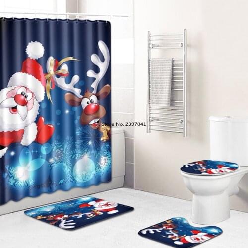 Merry Christmas Elk Santa Bathroom Waterproof Shower Curtain Set Pedestal Rug Lid Carpet Toilet Cover Bath Mat Set With 12 Hooks